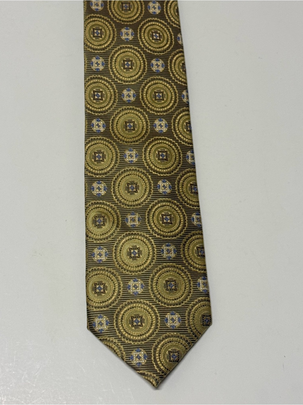 Jon Randall Collection Tie Handmade 100% Silk. Gold & Blue Italian Design X Long